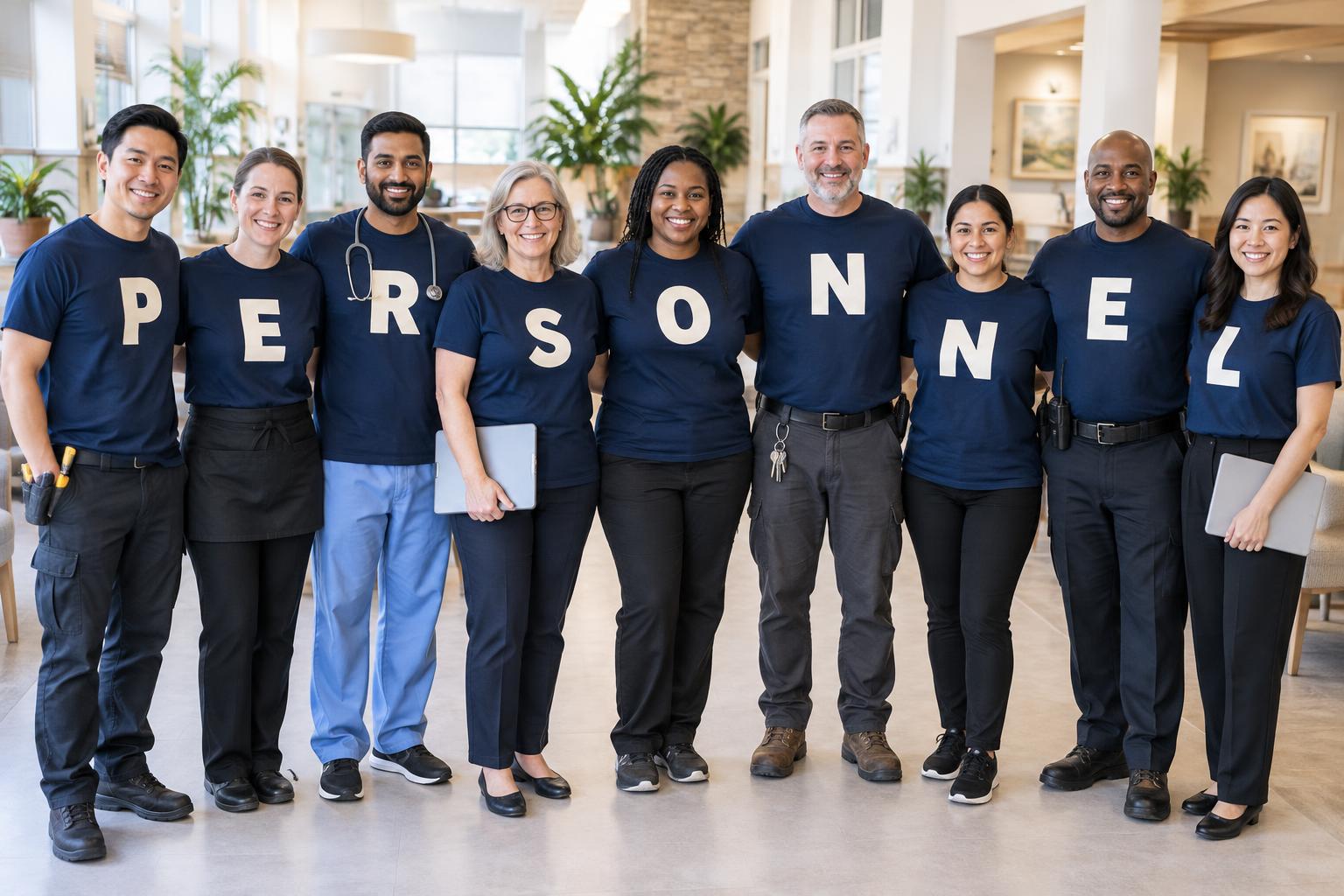 Nine diverse Personnel On Demand team members spelling PERSONNEL across their shirts