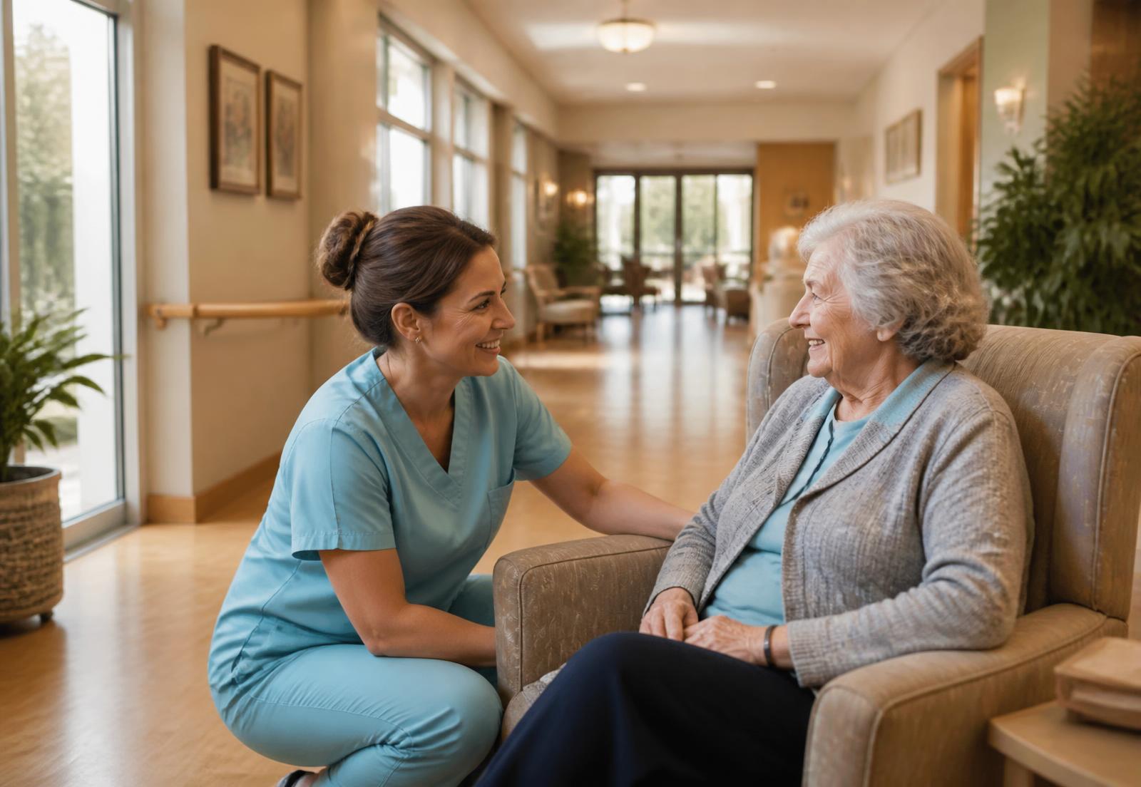 A care aide sitting with a smiling senior resident in a bright common room