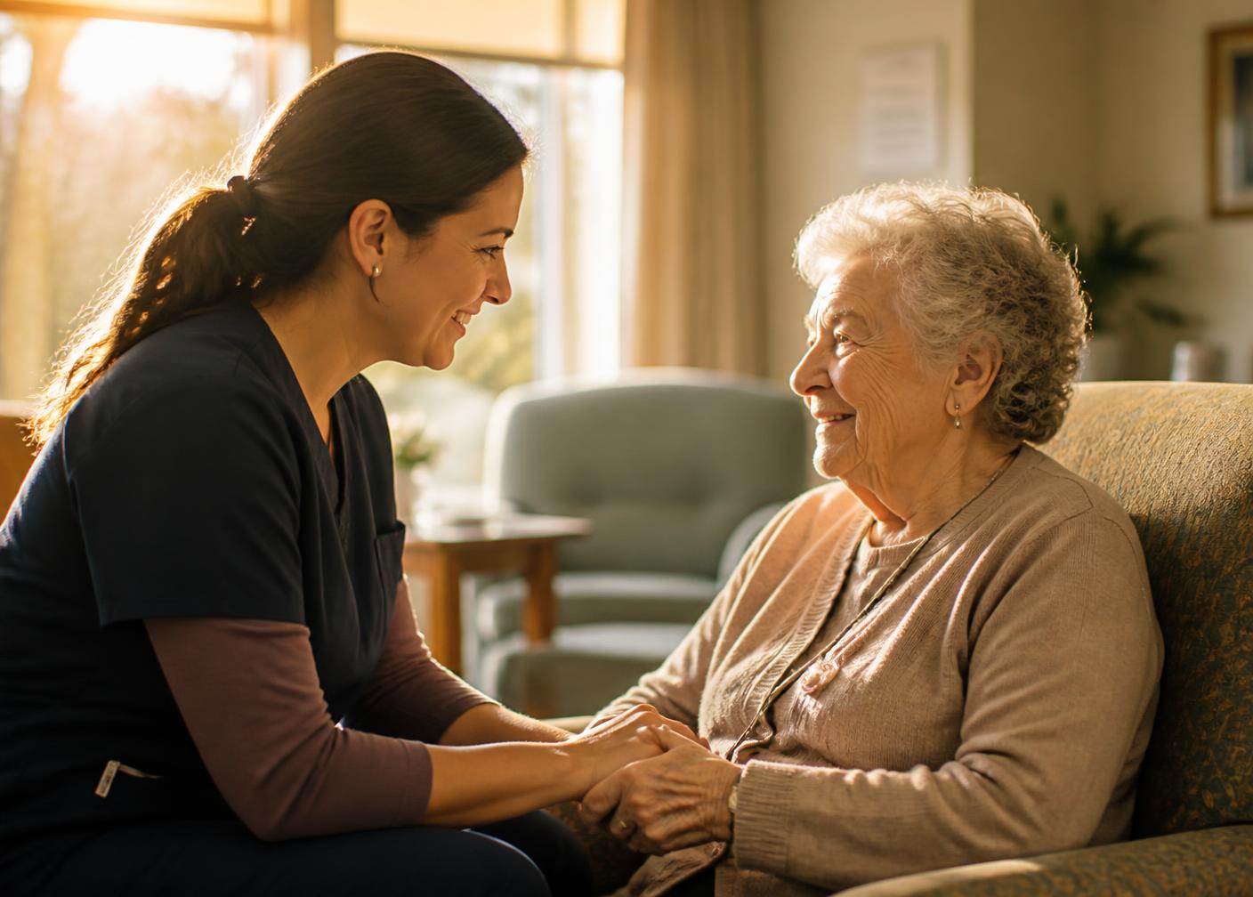 A care aide holding the hands of a smiling senior in a sunlit lounge